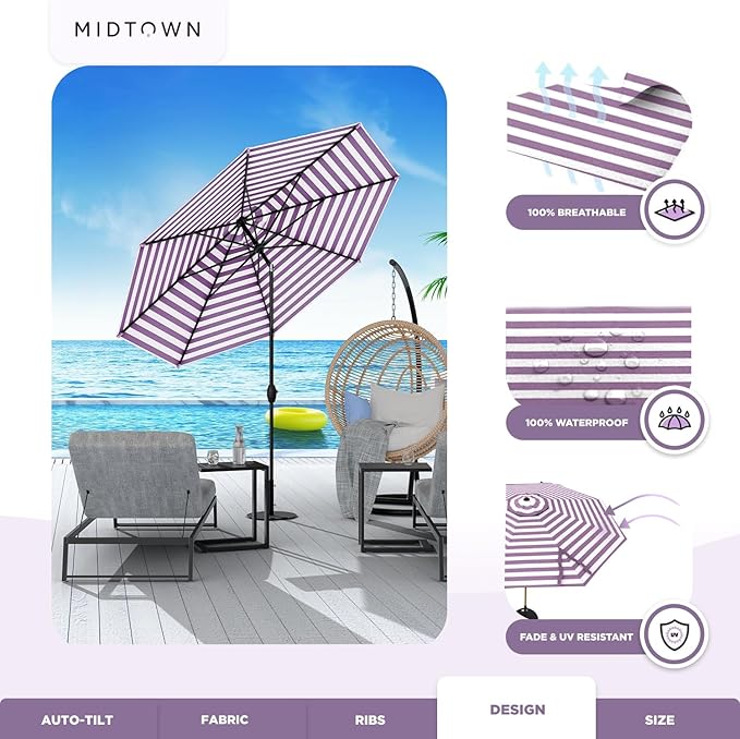 Midtown Umbrellas - 10-Year-No-Fade 9 Ft Patio Umbrella with Terylast Fabric, Auto-Tilt Aluminum Frame and 8 Reinforced Ribs for Deck, Pool, Garden & Beach - Purple Stripe Canopy, Black Pole