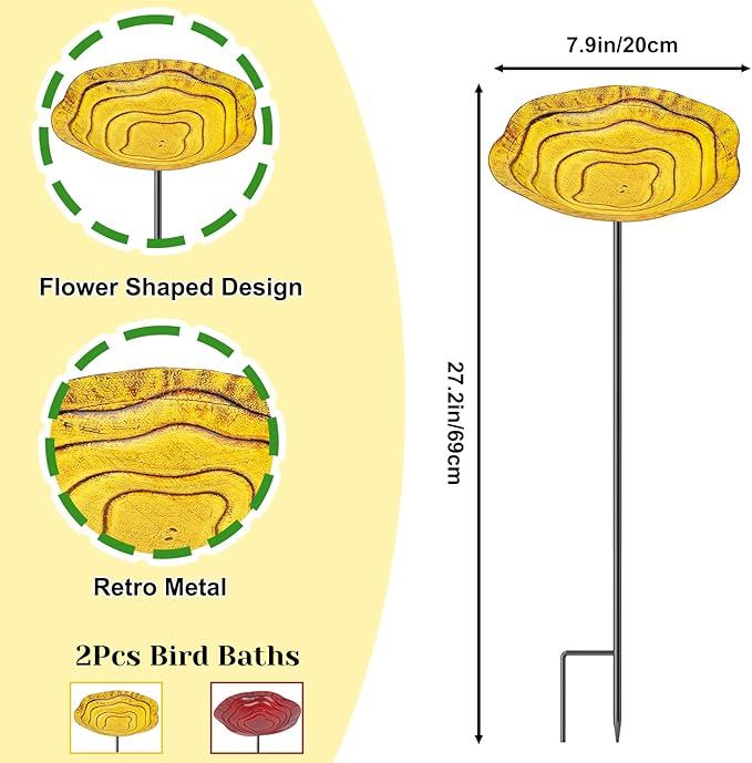 2Pcs Metal Bird Baths for Outside, Hummingbird Small Birdbath Bowl for Outdoors with Metal Stake, Bird Feeder for Garden Yard Lawn Decor (2P-Red&Yellow)
