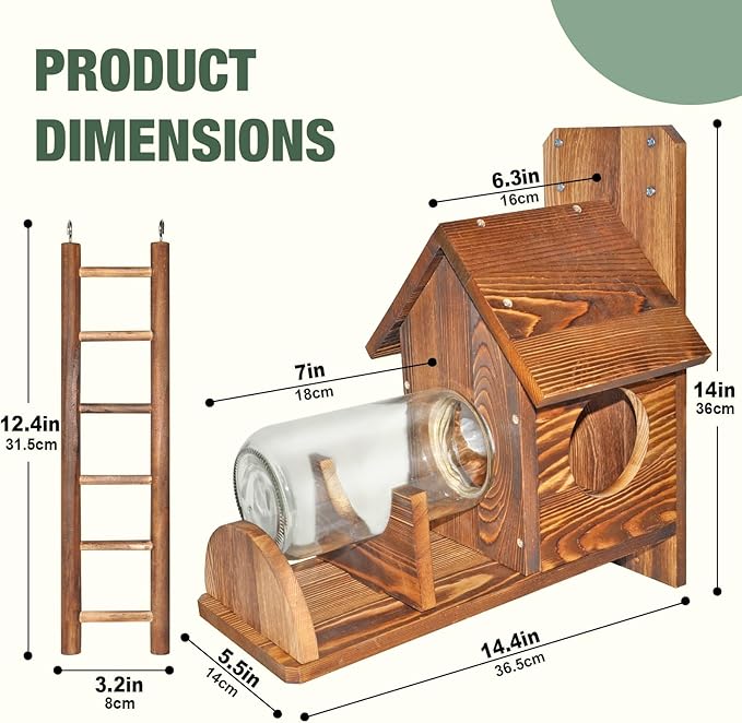 Squirrel Feeder with Ladder, Wood Squirrel Feeders for Outside, Funny Squirrel House with Nut Peanuts Storage Bottle and Corn Cob Holder, Easy to Install