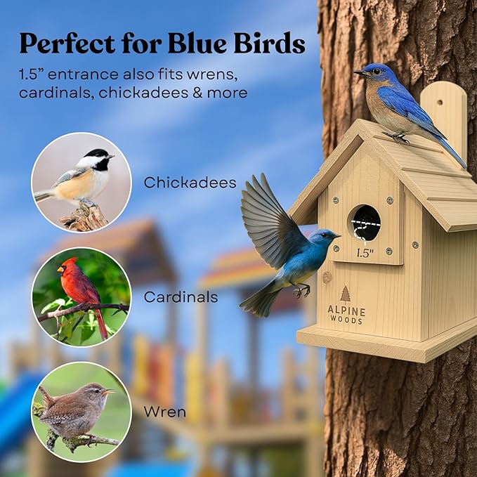 Wooden Bird Houses for Outside, Blue Bird Hanging Bird House for Garden Patio Decorative, Handmade Bluebird House Nesting Box Comes Fully Assembled, Size 6" x 6" x 9" - Made in USA