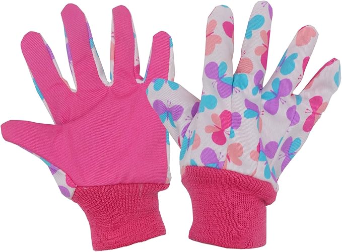 HANDLANDY 2 Pairs Kids Gardening Gloves, Girls Boys Children Garden Work Play Gloves (Pink Butterfly & Dot, Medium)