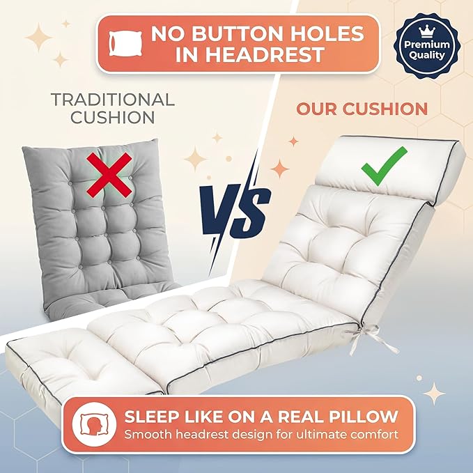 MAGIC ELEPHANT Chaise Lounge Cushion Outdoor, Memory Foam Patio Lounge Chair Cushion with Ties for Indoor Outdoor Furniture, Water-Repellent Replacement Long Chair Cushion (Antique White)