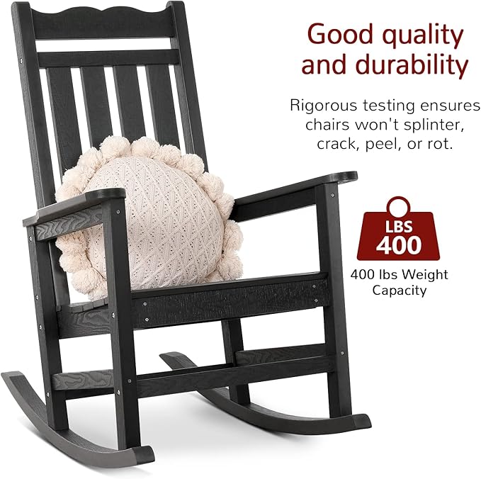 Stoog 3-Piece Oversized Rocking Chairs Set of 2 with Table, Outdoor Rocking Chair with 400 lbs Weight Capacity, All-Weather Porch Rocker for Backyard, Lawn, Patio, Garden and Indoor, Black