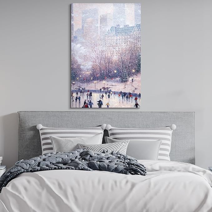 STUDIO HAVEN Thomas Kinkade Canvas Wall Art, Snow-Covered Urban Scene with Historic Buildings Oil Painting Poster Vintage Picture Cozy Seasonal Wall Decor, Framed Prints for Home Decor, 12x16Inch