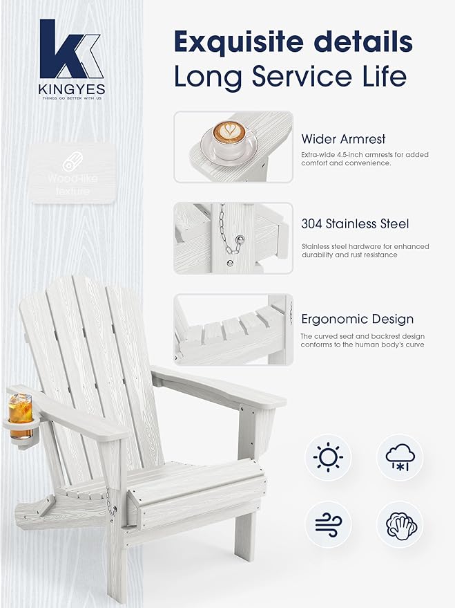 KINGYES Folding Adirondack Chair Set of 4, HDPE All-Weather Patio Chairs with Cup Holder, Wooden Textured Fire Pit Chairs for Poolside, Backyard, Deck, White