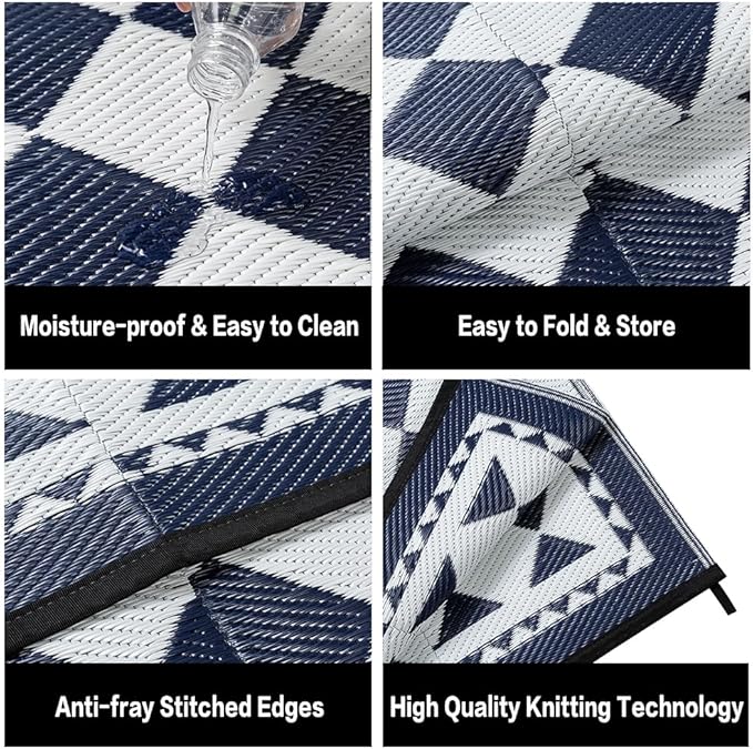 HUGEAR Outdoor Waterproof Rug 6'x9' Plastic Straw Rugs Washable Reversible Floor Mat Blue Plaid Carpet for Camping RV Deck Entryance Porch Picnic Balcony Beach Backyard