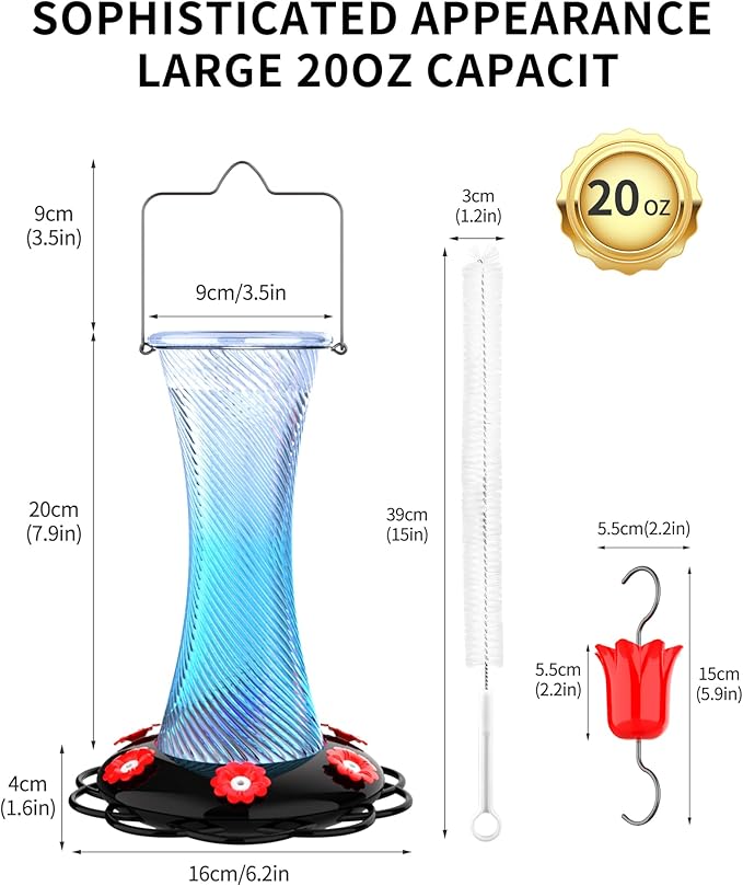 Hanging 20oz Glass Hummingbird Feeder with Moat, Small Outdoor Plastic Bird Feeder, Squirrel Proof, Ants, Outside Water Dispenser for Garden (Blue Glass Birdfeeder)