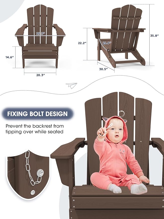 KINGYES Folding Adirondack Chair, HDPE All-Weather Patio Chairs, Wooden Textured Lawn Chair for Poolside, Backyard, Deck, Fire Pit, Brown