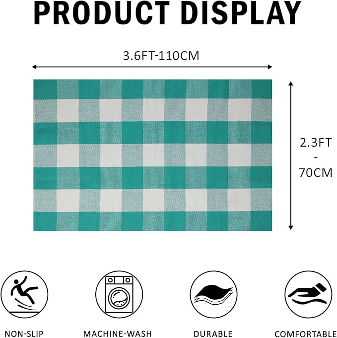 SEEKSEE Buffalo Plaid Outdoor Rug 27.5"x43" Light Blue and White Checkered Area Rug Washable Doormat Cotton Boho Bedroom Rug for Kitchen Entryway Hallway Front Door Farmhouse Living Room