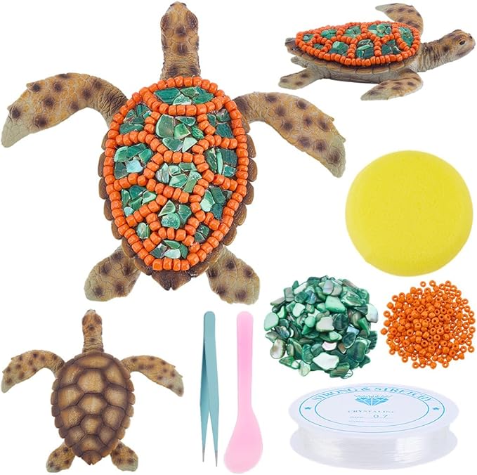 WEBEEDY DIY Mosaic Turtle Kit Create Your Own Mosaic Sea Turtle Ornaments with Crushed Shell,Glass Beads,Tool and Instruction for Adult Beginner Home Outdoor Garden Summer Party Decoration,5x4.7Inch