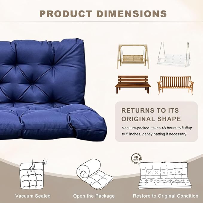 Porch Swing Cushion with Backrest,Waterproof Bench Cushion for Outdoor Furniture,2-3 Seater Replacement Thickened Swing Cushion with Ties,Patio,Outdoor,Backyard and Garden (Navy Blue,60x40)