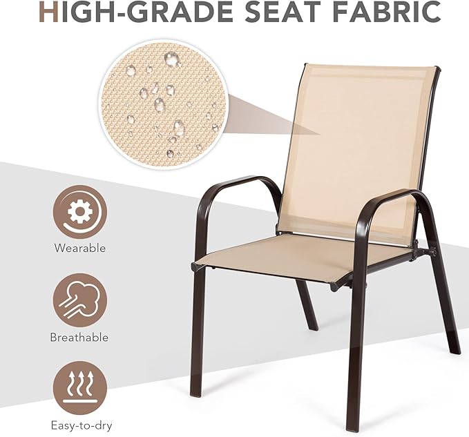 Tangkula 2 Piece Patio Dining Chairs, Outdoor Bistro Chairs W/Curved Armrests, Easy-to-Dry Fabric, Reinforced Steel Frame, Wide & Comfortable Camping Chairs for Garden, Poolside, Backyard (1, Beige)