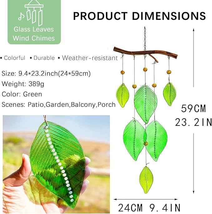 Glass Wind Chimes for Outside,Unique Handmade Windchimes Outdoors with Stained Glass Leaves for Home Window Garden Yard Patio Decor,Green 20"