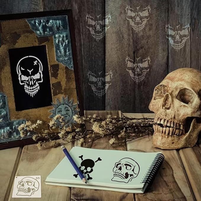 Small Stencils for Painting on Wood Burning Reusable, 3 Inch Reusable Stencil for Craft Ornament Paint Template Stencils for Wall Card Rock Wood Signs Coasters Canvas Home Decor (Skull)