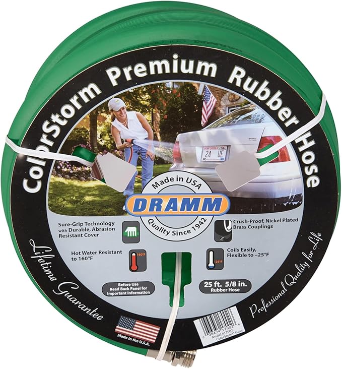 Dramm ColorStorm Premium Rubber Garden Hose, No Kink, Leak Proof Water Hose, Male Female Fittings, Made in USA, Hot & Cold Resistant, 518 Burst PSI, Green, 5/8"x50'
