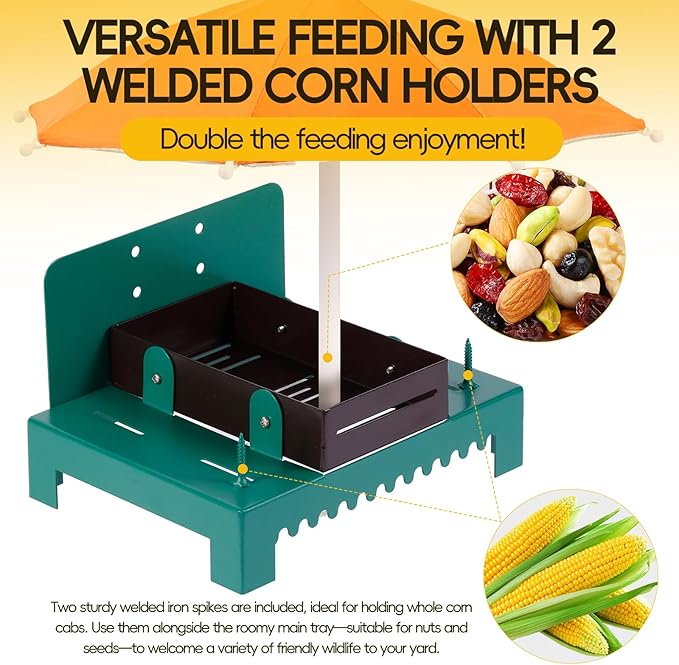 Metal Squirrel Feeder Picnic Table with Umbrella - Heavy Duty Iron Outdoor Chipmunk Feeder, Rust Resistant Corn Cob Holder, Funny Backyard Wildlife Gift for Nature Lovers.(Orange)