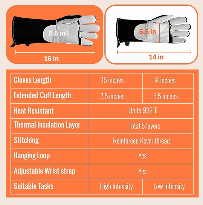 JKSafety Welding Gloves for Men,932°F Heat Resistant Gloves Mitts for Welders,Stick,Tig,Mig,Forge,Oven,Fireplace,Furnace