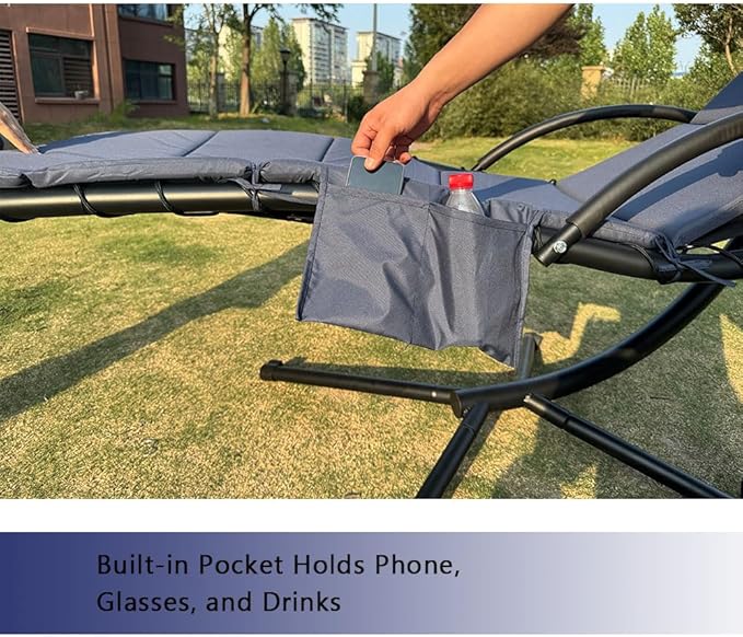 Outdoor Hanging Lounge Chair Cushion with Umbrella – High-Resilience Sponge, Side Pocket, Fade-Resistant, Patio Curved Chaise Hammock Swing Lounger Cushion Pad（Navy Blue）