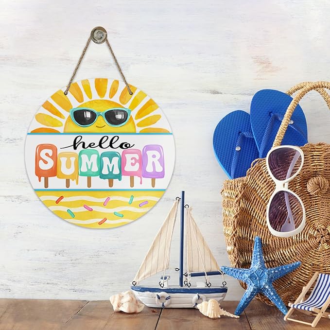 Hello Summer Sun Sunshine Front Door Sign, Popsicle Sunglasses Yellow Wood Door Hanger Outdoor Outside Porch Decor, Seasonal Wooden Wreath Indoor Wall Hanging Decoration