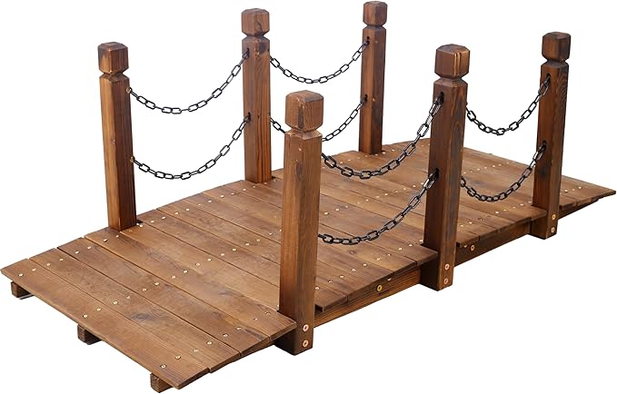 5 FT Wooden Garden Bridge, Stained Finish Decorative Pond Bridge, Stained Wood Arc Footbridge with Chain Railings for Backyard Creek Farm, Decorative Pond Bridge, Easy to Assemble, Brown