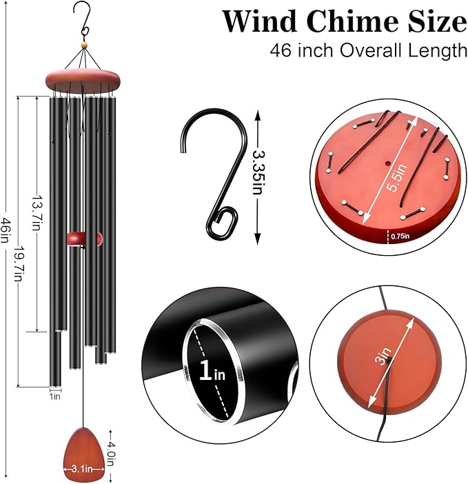 Large Wind Chimes for Outside Deep Tone, Soothing Melodic Memorial Sympathy Wind Chime, Suitable Outdoor Garden Decor, Gift for Mom Women Neighbors (Black Wind Chime -46 in)