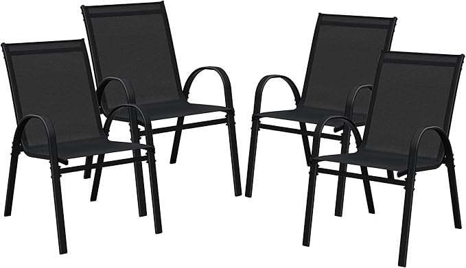 Devoko 4-Pack Stackable Patio Chairs Heavy-Duty Rust-Resistant Outdoor Dining Chairs with Ultra-Comfort Textilene Fabric for Deck, Porch, Garden & Balcony (Black)