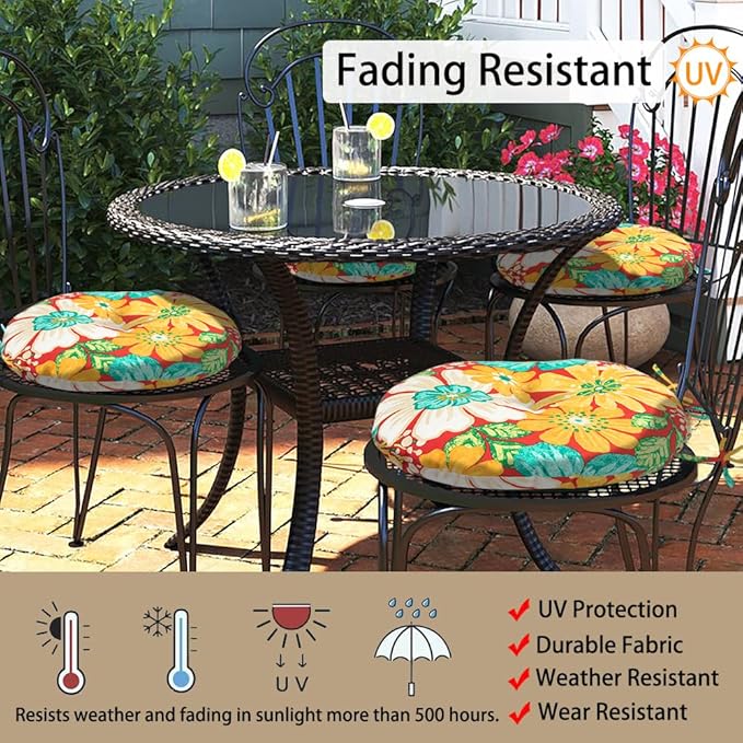 Magpie Fabrics Outdoor Round Bistro Seat Cushions with Ties, 15"x15"x4" Set of 2, Tufted Waterproof Barstool Chair Pads for Patio Home Garden Office, Embry Red Hibiscus