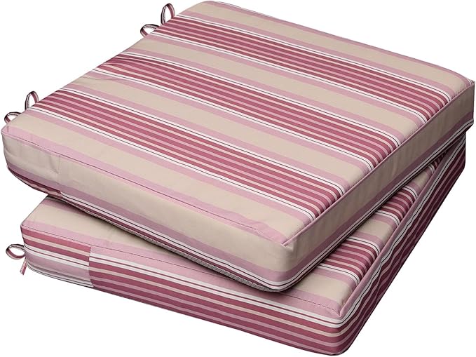AAAAAcessories Outdoor Seat Cushions for Chairs, Waterproof, Fade-Resistant, 20" x 20" x 3", Patio Furniture Replacement Cushions, Set of 2, Dusty Rose Garden Stripe