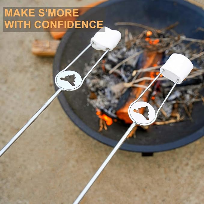 Heavy Duty Hot Dog Roasting Sticks for Campfire, Extendable Marshmallow Sticks for Fire Pit, 32" Long Smores Sticks, Stainless Steel Skewers for Hotdogs and Smores, Beech Wood Handle, 4 Pack