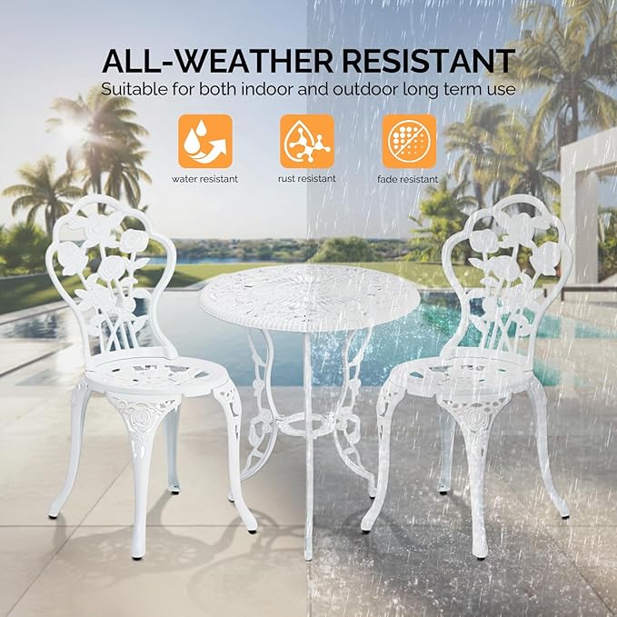 VINGLI 3 PCS Outdoor Bistro Set, Outdoor Patio Set, All-Weather Cast Aluminum Bistro Table Set, Bistro Table and Chairs Set of 2 for Backyard, Garden, Balcony (White, Rose)