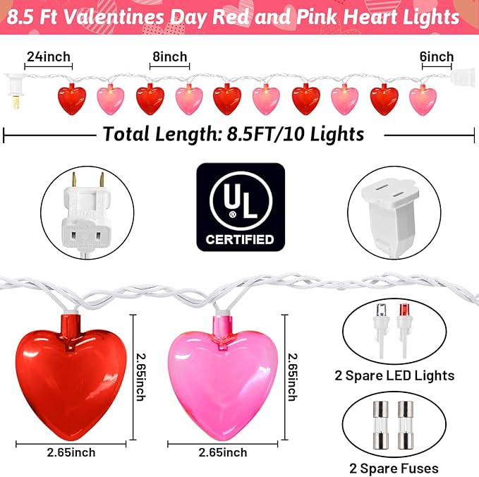 8.5Ft Valentines Day Decorations, Red & Pink Heart String Lights with 10 LED Clear Red and Pink Heart Lights, Connectable Romantic Valentine's Day Light for Wedding Valentine Anniversary Party