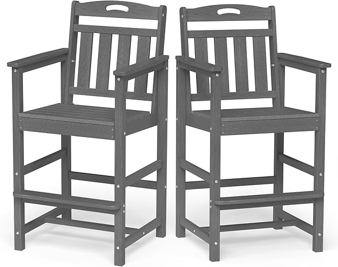 Ciokea Set of 2 Outdoor Tall Bar Chairs, 27" Bar Height Patio Stools with Arms & High Back, Heavy Duty All-Weather Adirondack Tall Chairs for Balcony, Poolside, Deck and Garden, Grey