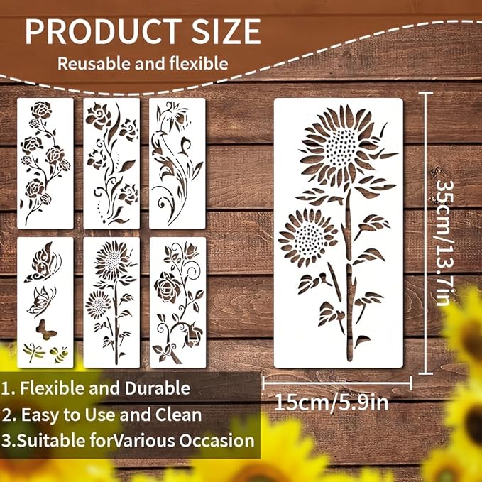 6 Pcs Large Flower Stencils for Painting, 5.9 X 13.7 Inch Flower Stencils for Crafts Reusable, Wood and Wall Stencils for Painting Large Pattern, DIY Templates Holiday Wall Paper (F)