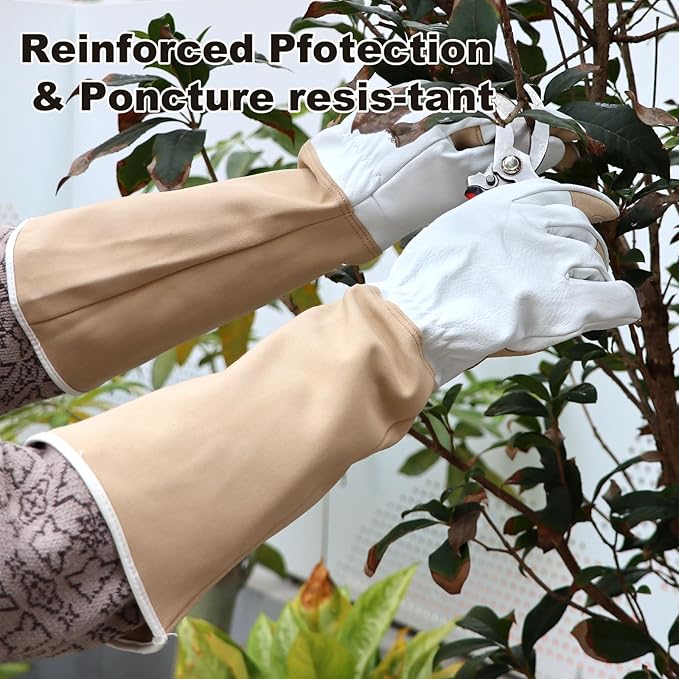 Gardening Gloves Men & Women Long Cowhide Leather Rose Pruning Gloves Breathable & Durable Heavy Duty (L)