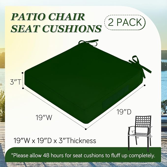 Waterproof Outdoor Chair Cushions Set of 2, Square Outdoor Seat Cushions with Ties and Removable Covers, 19 x 19 Outdoor Cushions for Patio Furniture with Portable Handle(Forest Green)