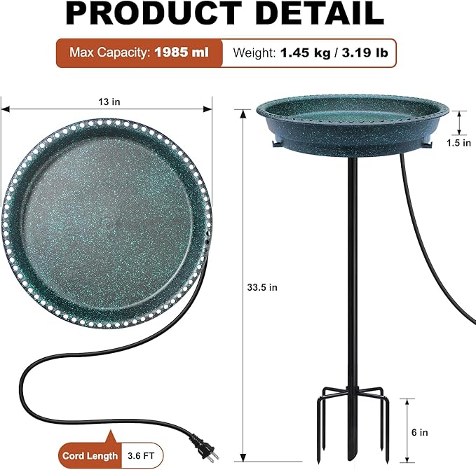 BIRD WISH Heated Bird Bath, Stable 5-Prong Metal Base Thermostat Control Weather Resistance All Seasons Available 75W Heated Bird Baths for Outdoors for Winter Garden Yard Patio Lawn, Spotted Green