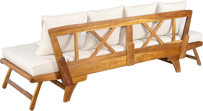 Christopher Knight Home Gary Patio Convertible Couch, Wooden Outdoor Daybed, 3-Seater Acacia Wood Patio Furniture Lounge Sofa for Backyard/Poolside/Garden, Back Pillow+Removable Cushion, Teak+ Beige