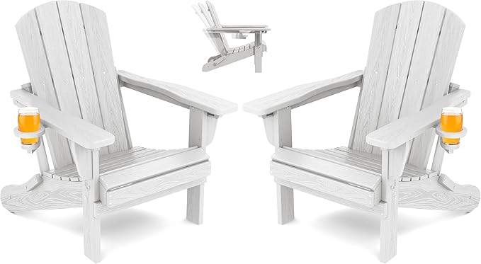 SERWALL Folding Adirondack Chair Set of 2, Reclining Adirondack Chair with 3 Recline Positions, All Weather HDPE Outdoor Adirondack, White
