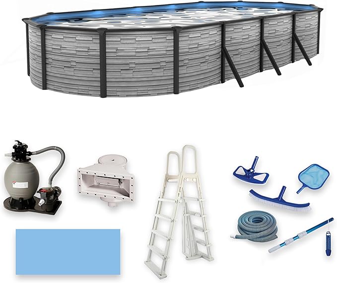 Blue Wave Montilla 12-ft x 24-ft Oval 52-in Deep Above Ground Swimming Pool – Steel Wall & Top Rails, Sand Filter, Skimmer, Liner, A-Frame Ladder & Maintenance Kit – Complete Outdoor Pool Accessories