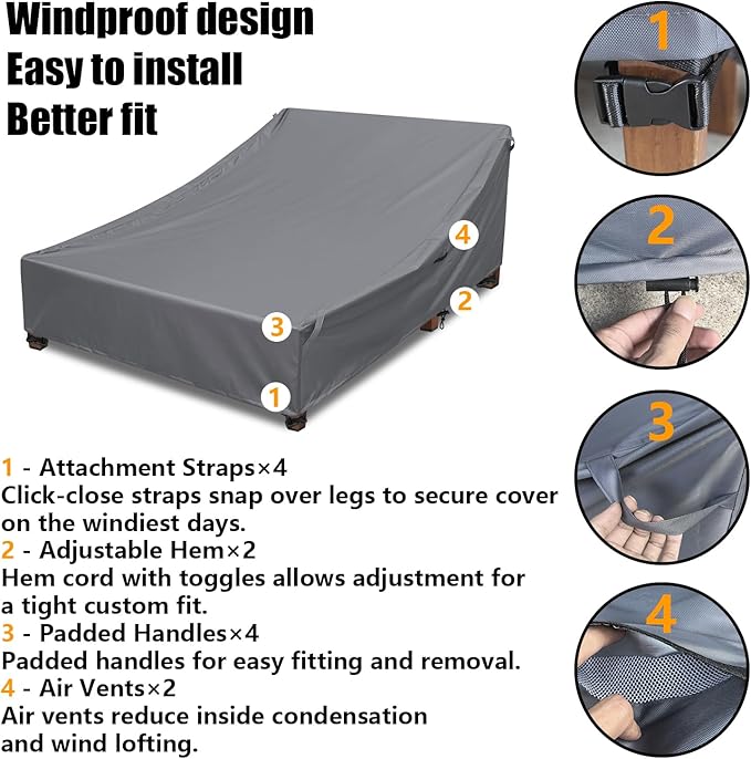 Double Lounge Chair Cover 100% Waterproof Outdoor Chaise Lounge Cover 600D Weather Resistant Material, UV Protection, Windproof Design Double Wide Patio Lounge Chairs Covers (Grey)
