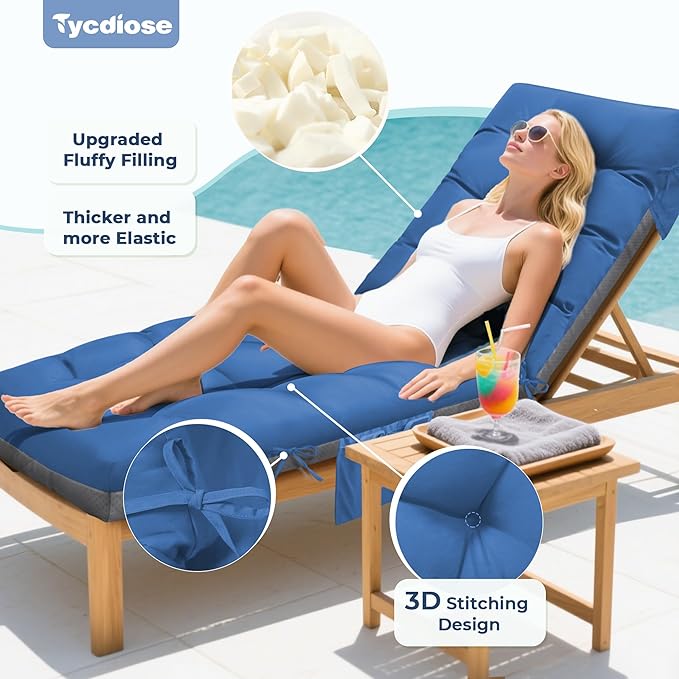 Outdoor Lounge Chair Cushion, Waterproof Replacement Chaise Lounge Cushions for Outdoor Furniture Thickened 71 x 22 x 4.7 Inch Non-Slip Patio Pool Lounge Chair Cushions with Ties, Royal Blue