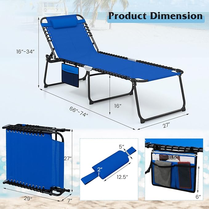 GYMAX Lounge Chair for Outside, 440lbs 27” Oversize Folding Beach Tanning Sunbath Chair with Adjustable Backrest & Removable Pillow, Lightweight Portable Patio Lounger for Lawn Poolside (Blue,2)