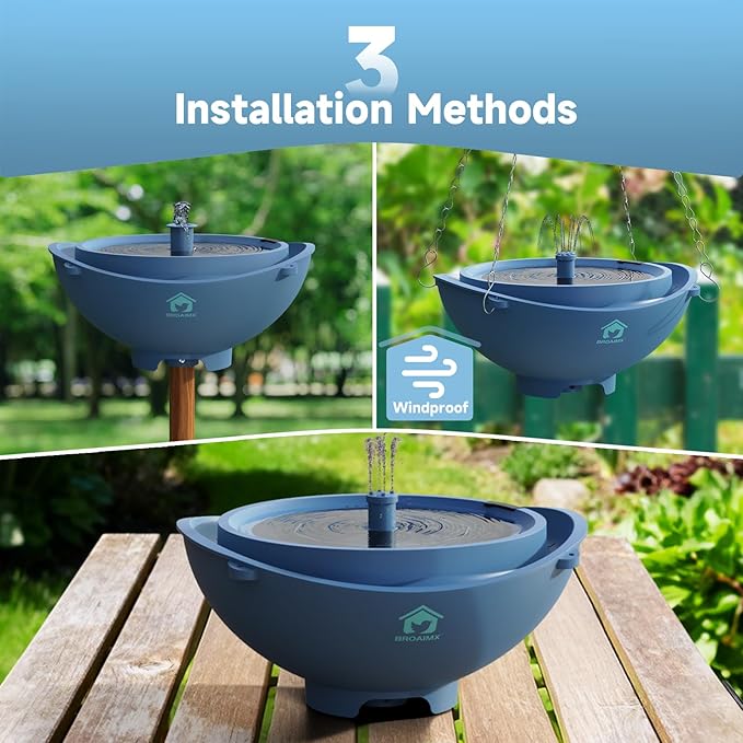 Solar Powered Bird Bath Fountain with Built-in Lithium Battery, 3 Nozzles for Garden, Automatic Low-Water Protection, Gift for Bird Lovers (Deep Blue)