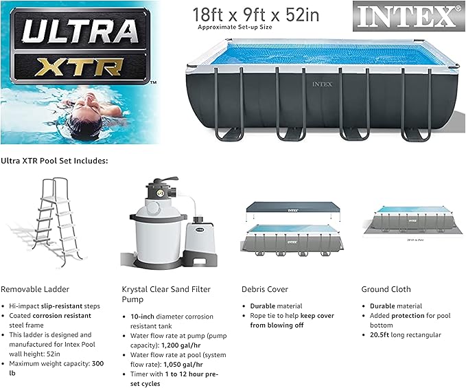 Intex 26355EH Ultra XTR 18ft x 9ft x 52in Above Ground Swimming Pool Set with Sand Filter Pump and OptiFlow 50lb Premium Filter Sand