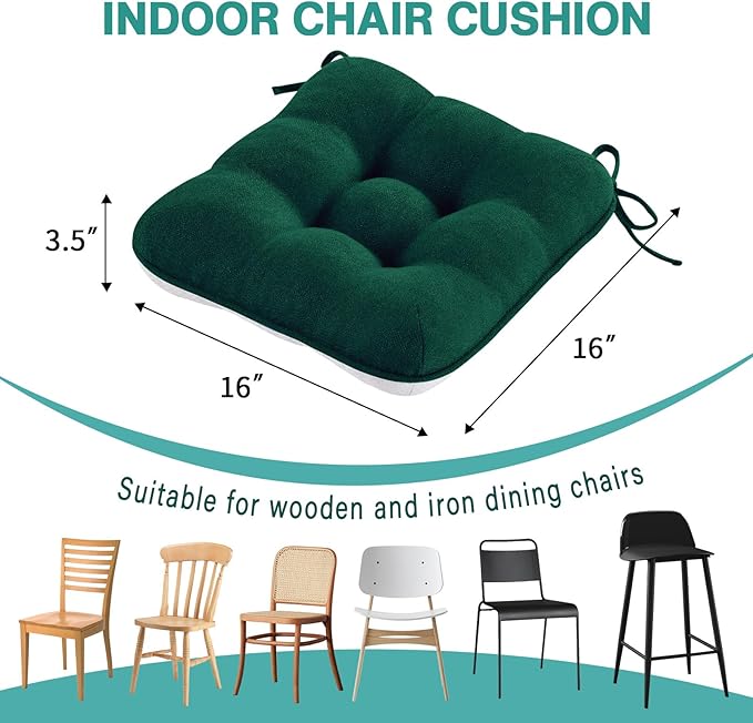 BETU Chair Cushions for Dining Chairs Set of 4,3.5" Thick Kitchen Table Chair Pads with Ties,Non Slip Backing and Covers, Seat Cushion for Dining Room,Bar,Patio Chairs,16"X16"X3.5",Dark Green
