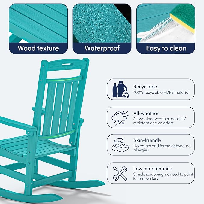 Plawdlik Oversized Outdoor Rocking Chair - All-Weather Resistant,HDPE Heavy Duty Patio Rockers with High Back - Perfect for Porch, Lawn, Garden, Modern Style,Aruba