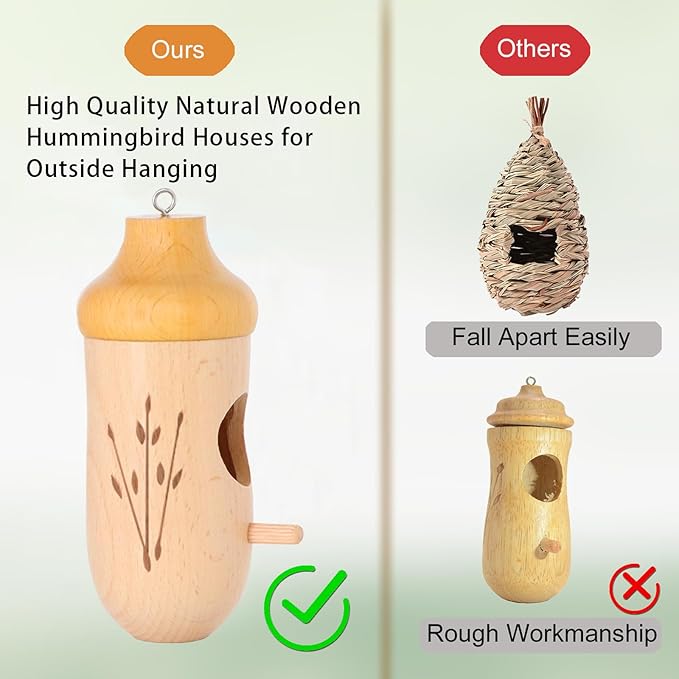 Hummingbird House - Natural Wooden Hummingbird Houses for Outside Hanging, Gardening Gifts for Women Christmas Tree Decoration 3 Packs
