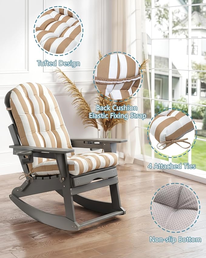 Adirondack Chair Cushion Set of 4, Thickened Patio Chair Cushions with Ties, Waterproof and UV-Protected Rocking Chair Cushion for Indoor and Outdoor, Stripe Khaki.