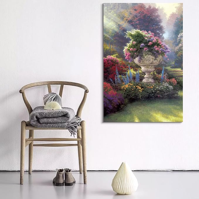 STUDIO HAVEN Thomas Kinkade Canvas Wall Art, Elaborate Stone Planter Overflowing Blooms Sunlit Meadows Oil Painting Poster Lush Floral Wall Decor, Framed Prints for Home Decor, 16x24Inch
