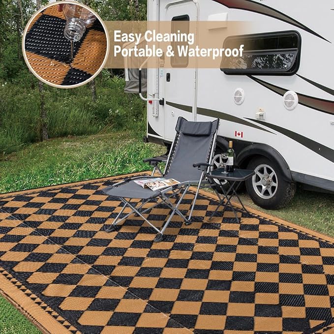 HUGEAR Outdoor Waterproof Rug 8'x10' Plastic Straw Rugs Washable Reversible Floor Mat Brown Plaid Carpet for Camping RV Deck Entryance Porch Picnic Balcony Beach Backyard
